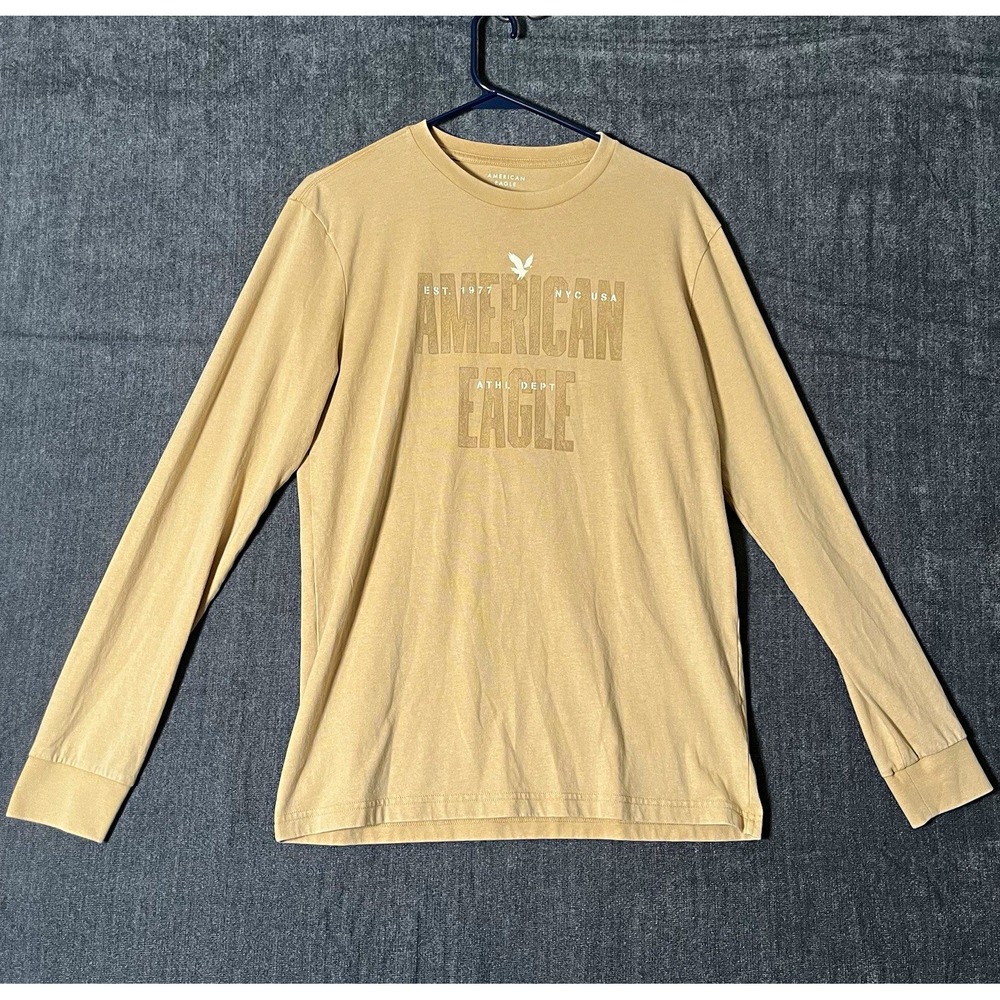 American Eagle Super Soft Men's S Beige Long Sleeve Crew Neck Graphic Logo Tee